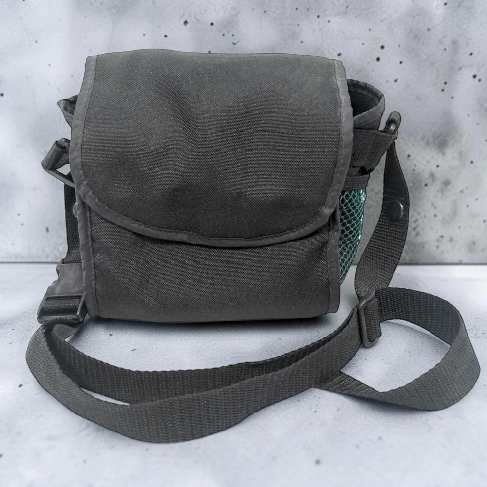 VTG Polaroid Camera Bag Small Unisex Black Nylon Green Mesh Shoulder Strap 90s